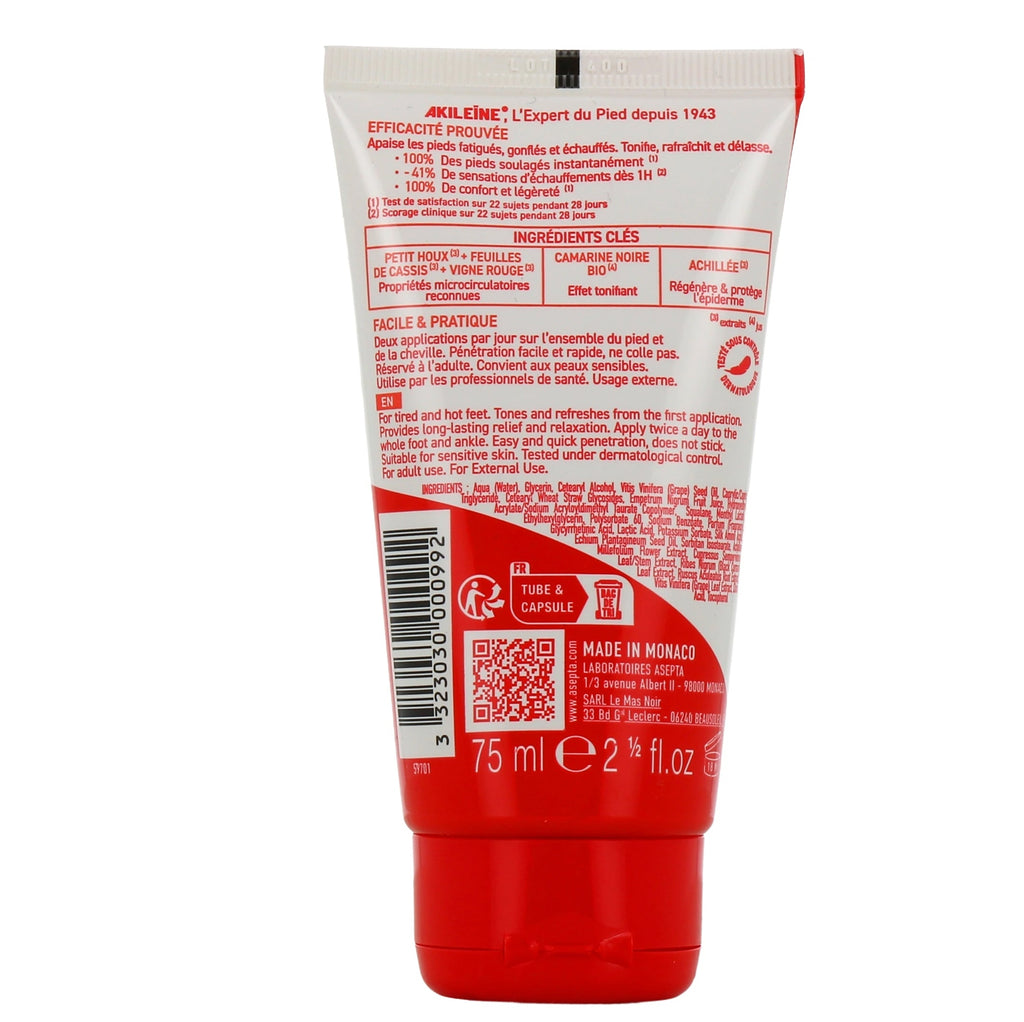 AKILEINE Relaxing Foot Cream 75 ml, tube of relaxing foot care for tired feet, Akileine red line