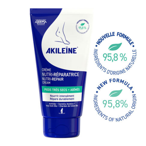 Tube of Akileine Dry Foot Nutri-Repair Cream 150 ml, new formula with 95.8% ingredients of natural origin