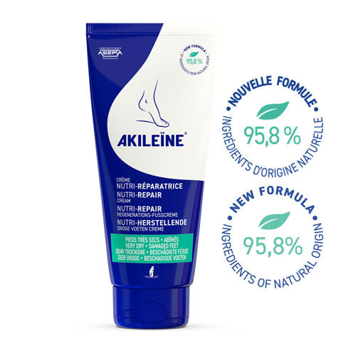 Tube of Akileine Dry Foot Nutri-Repair Cream 100 ml, new formula with 95.8% ingredients of natural origin