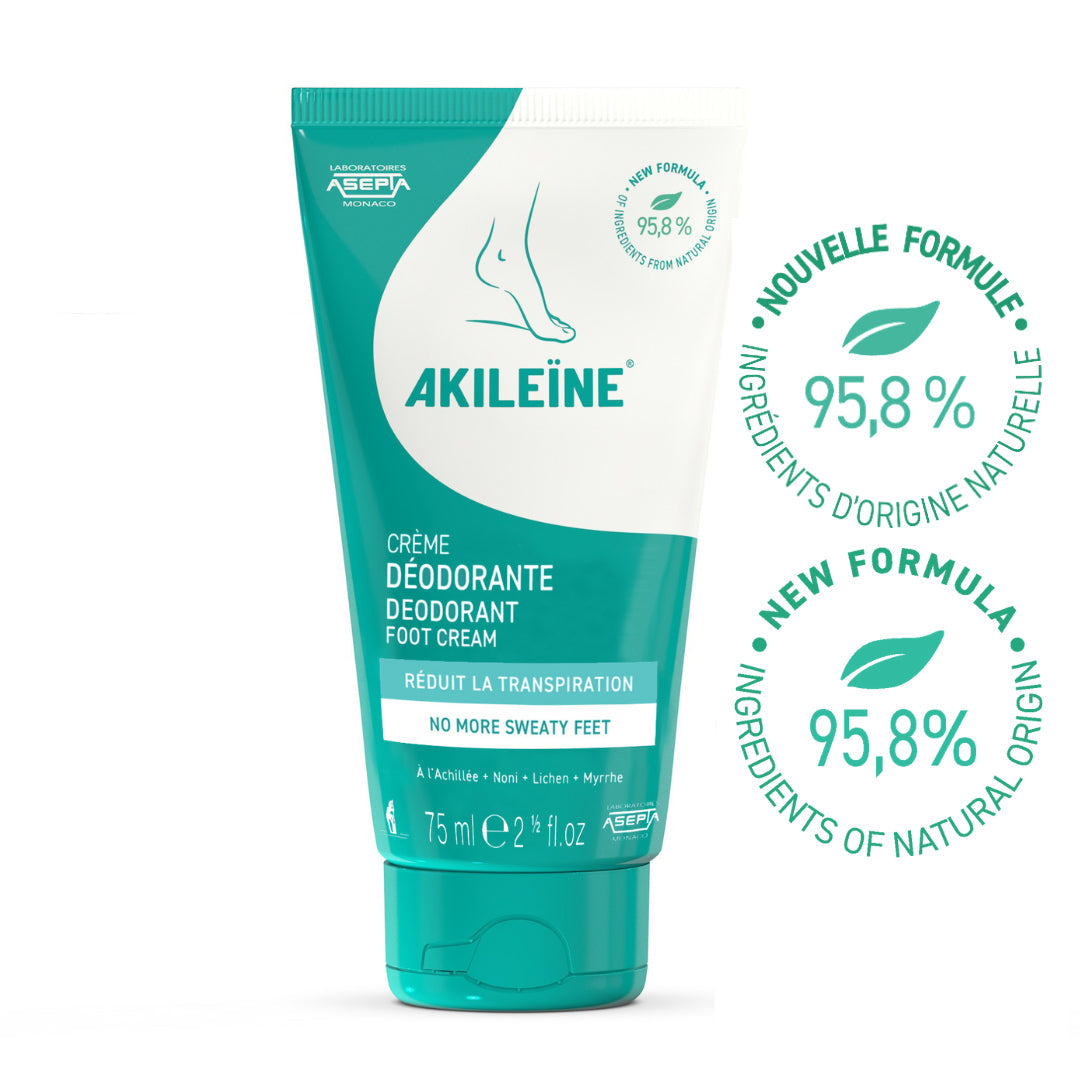 AKILEINE Double Action Deodorant Foot Cream 75 ml, tube of cream for sweaty feet, Akileine green line