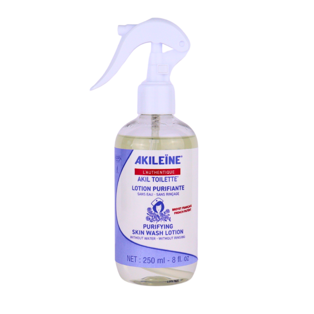 Spray bottle of AKIL TOILETTE No-Rinse Skin Wash Lotion